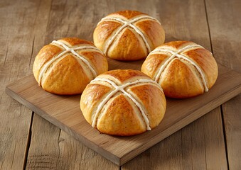 Wall Mural - Hot cross buns presented on a wooden board with wood background, ideal for spring seasonal menus