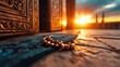 © studio clever - Golden Prayer Beads on a Blue Prayer Mat with Sunset Background. Generative AI