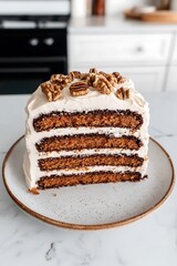 Wall Mural - Layered cake with nuts on plate. Interior kitchen, preparing dessert