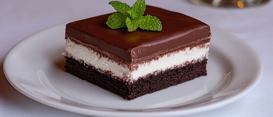 Wall Mural - Layered chocolate cake slice, mint garnish, on plate. Soft focus table. Restaurant setting