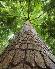 Wall Mural - Looking up at a tall tree in a forest with blurred lush foliage in the background, for enviromental use