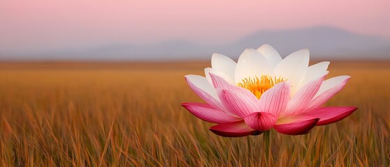 Wall Mural - Lotus blossom blooming in field, mountain backdrop at sunrise. Serenity, purity imagery