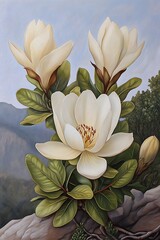 Canvas Print - Magnolia blooms on rock, mountain view backdrop. May be used for nature illustrations, art, or cards