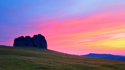 Poster - Majestic rock formation at sunrise, vibrant pink sky over grassy hill