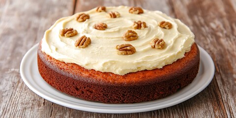 Wall Mural - Nut cake topped with cream sitting on plate over wooden background. Recipe use