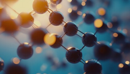 Wall Mural - close-up of the molecules in an organic molecular structure, with light shining through them on a blue background.