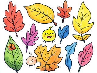 Wall Mural - Colorful autumn leaves and cute characters; fall design element