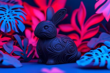 Canvas Print - Ornate bunny figurine sits among neon leaves; ideal for holiday cards or vibrant decor ads