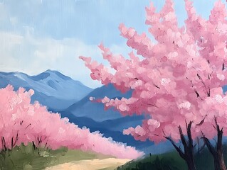 Poster - Painting depicts pink blossoms overlooking distant mountains under a blue sky for home decor