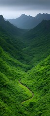 Poster - Path Winds Through Lush Valley in Hills; Mountains in distance. For travel, nature, and adventure themes