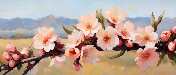 Canvas Print - Peach blossoms, mountain backdrop. Artistic rendition for Spring design, website banner, or social media