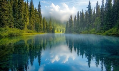 Wall Mural - serene lake surrounded by dense pine forests, with mist rising from the water's surface, reflecting the trees and creating an ethereal atmosphere. 