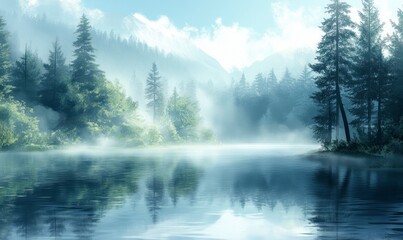 Wall Mural - serene lake surrounded by dense pine forests, with mist rising from the water's surface, reflecting the trees and creating an ethereal atmosphere. 