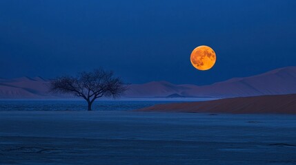 Wall Mural - A serene landscape featuring a full moon rising over a desert with a solitary tree.