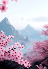 Canvas Print - Pink blossoms bloom beside mountains. Use wallpaper, banner, background, travel guide, spring ad