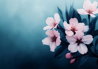 Wall Mural - Pink blossoms bloom against soft teal bokeh background. Great for feminine design or spring marketing