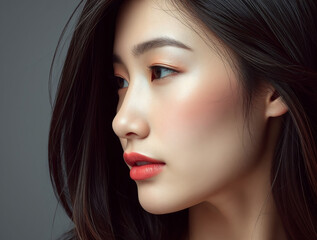 Wall Mural - A high-resolution stock photo depicting a profile portrait of a beautiful brunette Asian woman with long, shiny hair on a grey background