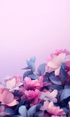 Poster - Pink blossoms with blue leaves in foreground against a soft pastel background, for spring design projects