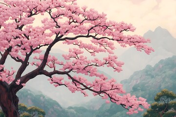 Canvas Print - Pink Cherry Blossom Tree Overlooking Misty Mountains