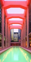 Wall Mural - Pink colonnade with pool reflects city buildings, for vacation travel blog