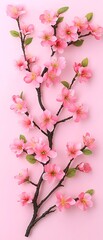 Wall Mural - Pink flower branch, with blossoms, lying flat on a solid pink surface. Use feminine design