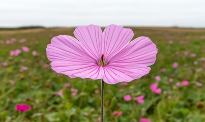 Wall Mural - Pink Flower Close-Up Blooming in a Field, Overcast Sky. Use Nature Blogs, Floral Design