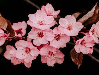 Wall Mural - Pink flowers blooming on a branch against a black background. Use as web banner or card