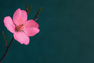 Wall Mural - Pink peach blossom on branch. Studio shot, blurred teal background. Could be used for spring themes