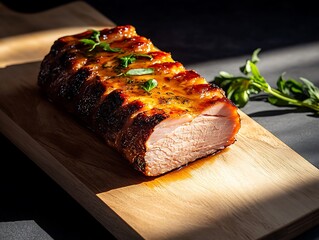 Wall Mural - Pork roast cut on wood block; light streaks background. Serving suggestion, recipe ingredient