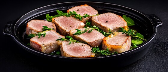 Wall Mural - Pork tenderloin slices in a cast iron pot with greens on a dark surface