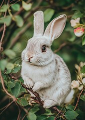 Wall Mural - Rabbit on a branch. Spring blossom background. Seasonal greeting cards, prints, pet product promotions