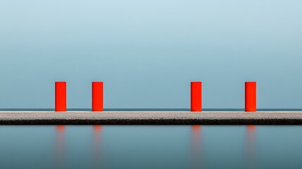 Sticker - Red Cylinders Spaced on a Line Reflecting in Water against Blue Background. For Separation Visualization