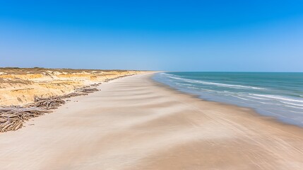 Poster - Remote coastline scene waves crash on sandy beach near dunes. Blue sky. For travel, nature, or coastal images