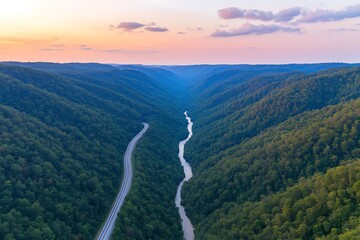 Poster - River & road winds through valley, trees at sunrise. Travel, tourism