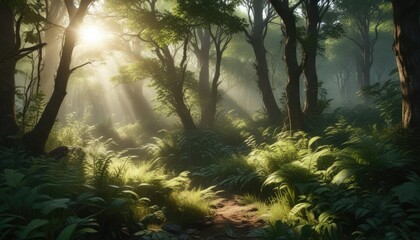 Wall Mural - dense undergrowth with sunlight filtering through, leafy branches, dense undergrowth, forest floor