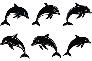  Dolphin jump silhouettes, playful dolphins silhouette vector set