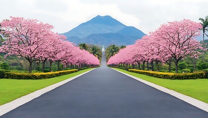 Poster - Road lined with cherry blossoms leads to mountains; for travel ad or aspirational motivation