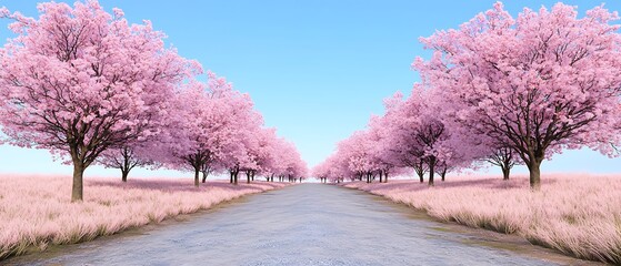 Poster - Road passing row of trees blooming pink flowers. Grass field on sunny day. Background for spring season