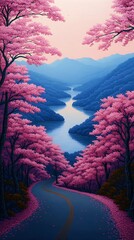 Canvas Print - Road with pink trees, overlooking a blue river valley. Springtime travel, nature print, or calming background