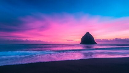 Canvas Print - Rock formation reflecting beautiful sunset on beach, with blurred wave action in the foreground