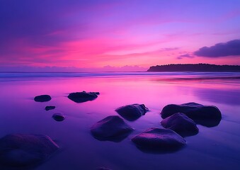 Wall Mural - Rocks on beach reflect colorful sunset light. Use relaxation, meditation