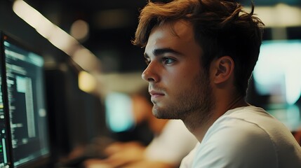 Young developer focused intently on lines of code in dim office