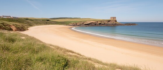 Wall Mural - Seascape Sandy beach near tower, grass dunes, with open sea views, background for relaxing travel advert