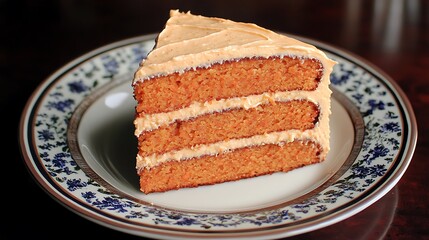 Wall Mural - Slice of cake resting on a blue patterned plate. Dark blurred background. Recipe, dessert, cafe use