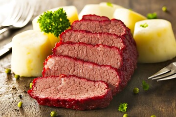 Wall Mural - Sliced meat & potato dish served on wood table w/peas for restaurant menu