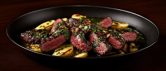 Wall Mural - Sliced steak served with potatoes, herbs, and sauce on a plate. Dark background. Food blog, cookbook