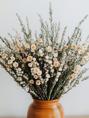 Wall Mural - Small white flowers in vase against white wall. Decorative floral arrangement, spring/summer feel