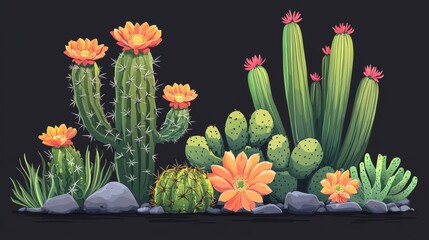 Wall Mural - Colorful illustration of various cacti with flowers and rocks.