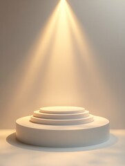 Wall Mural - A round podium is located in the center of an empty room, illuminated by soft light from above. 