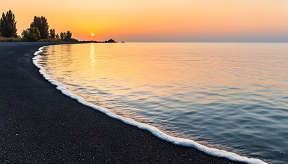 Wall Mural - Sunrise over calm beach with water and trees in background, great for travel, nature or meditation